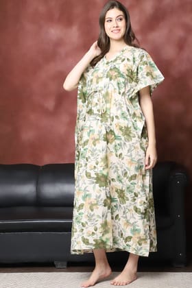 Green Color Floral Printed Pure Cotton Kaftan For Women-Onesize