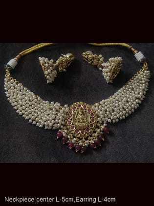 Laxmiji motif in the center of pearly hangings broad set-Ruby