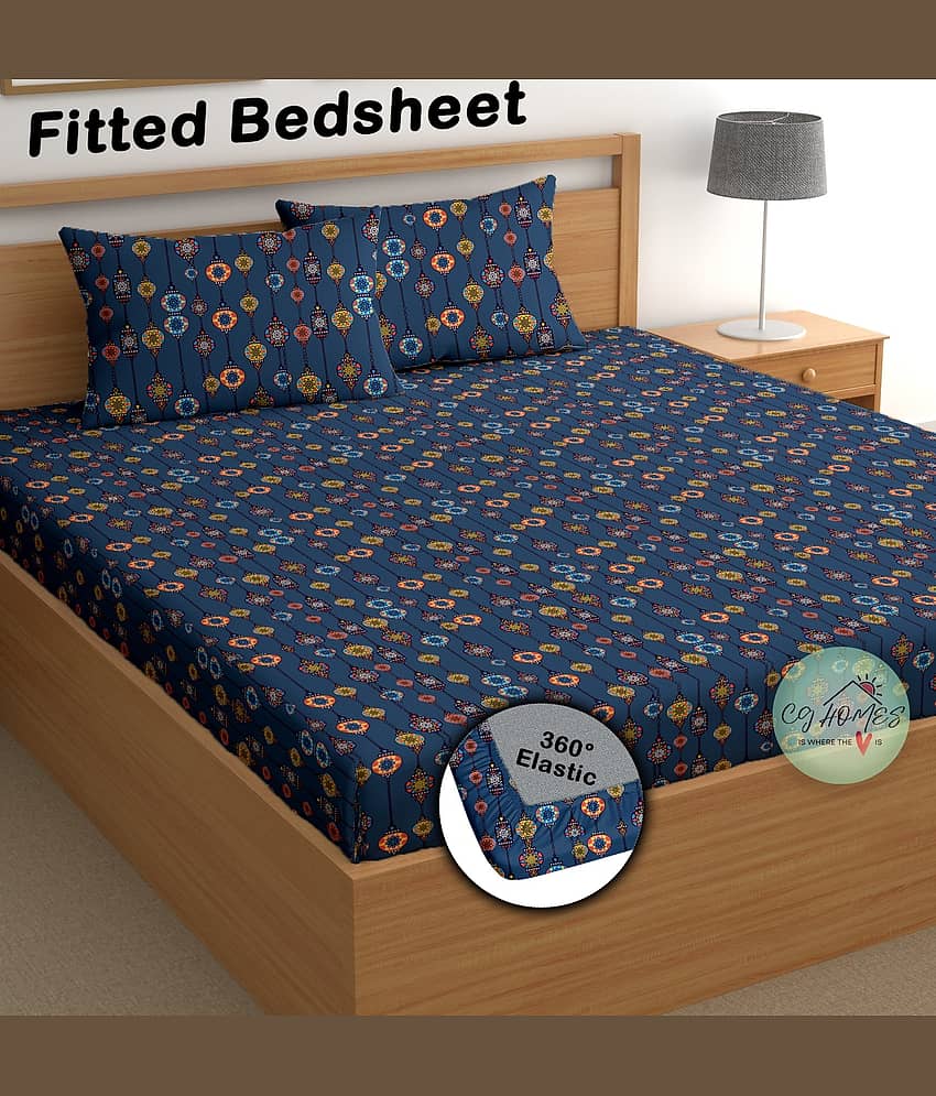 CG HOMES Cotton 1 Double Fitted Bedsheet with 2 Pillow Covers ( 183 cm x 183 cm ) , Navy Blue