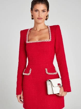 Tweed Full Sleeves Beaded Short Dress-Red / S
