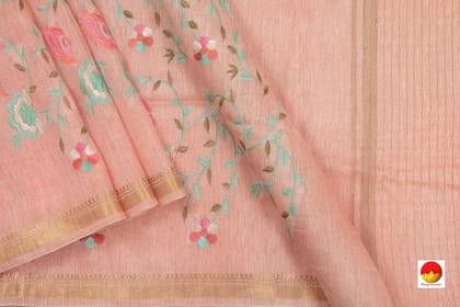 Baby Pink Linen Saree With Embroidery And Gold Zari Border - PL 936 B