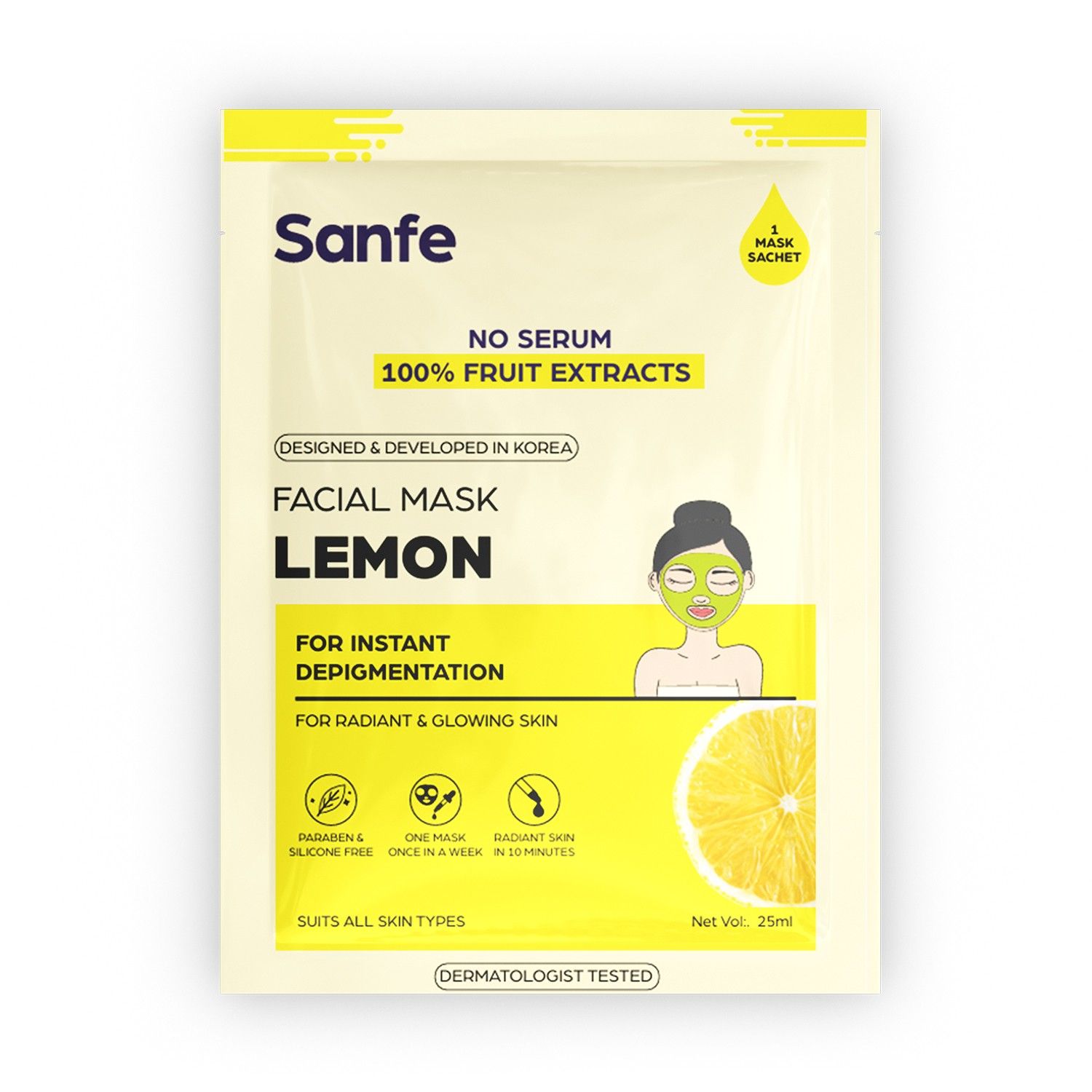 Sanfe Lemon Face Sheet Mask, Pack of 1, 25 g, Instant Depigmentation & Glow