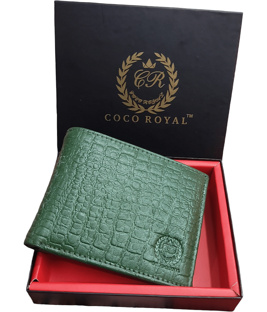 COCO ROYAL 100% Leather Self Design Men's Two Fold Wallet With 8 Slots For Card ( Green , Pack of 1 )