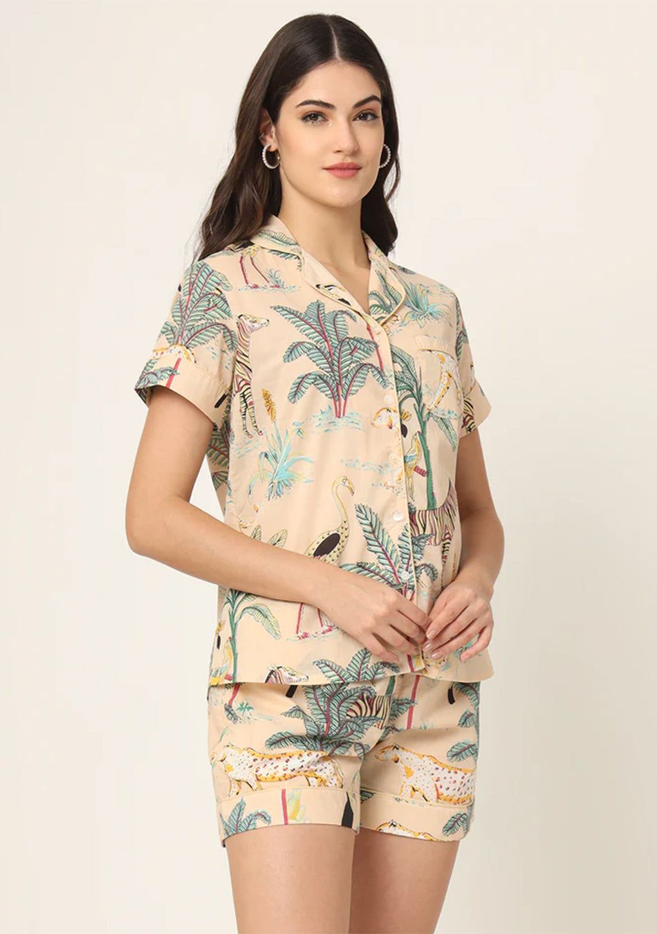 Cream Floral Print Pure Cotton Regular Night Suit-XS