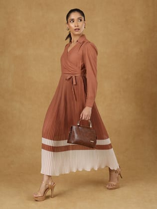 Brown Wrap Pleated Dress-XS