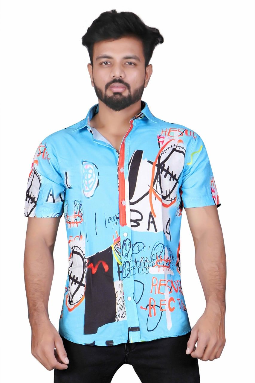 "Classy Blue Bala Print Half Sleeve Shirt by Glamastitch"-S