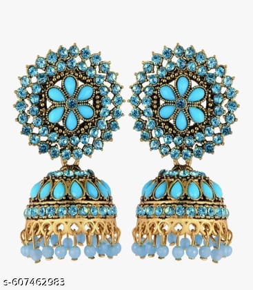 Traditional gold plated wedding Jhumkas Jhumka Jhumki Ghungroo Statement Earrings Jewelry for Women white colour stone jhumki sky- blue color jhumki for women (sky-blue)