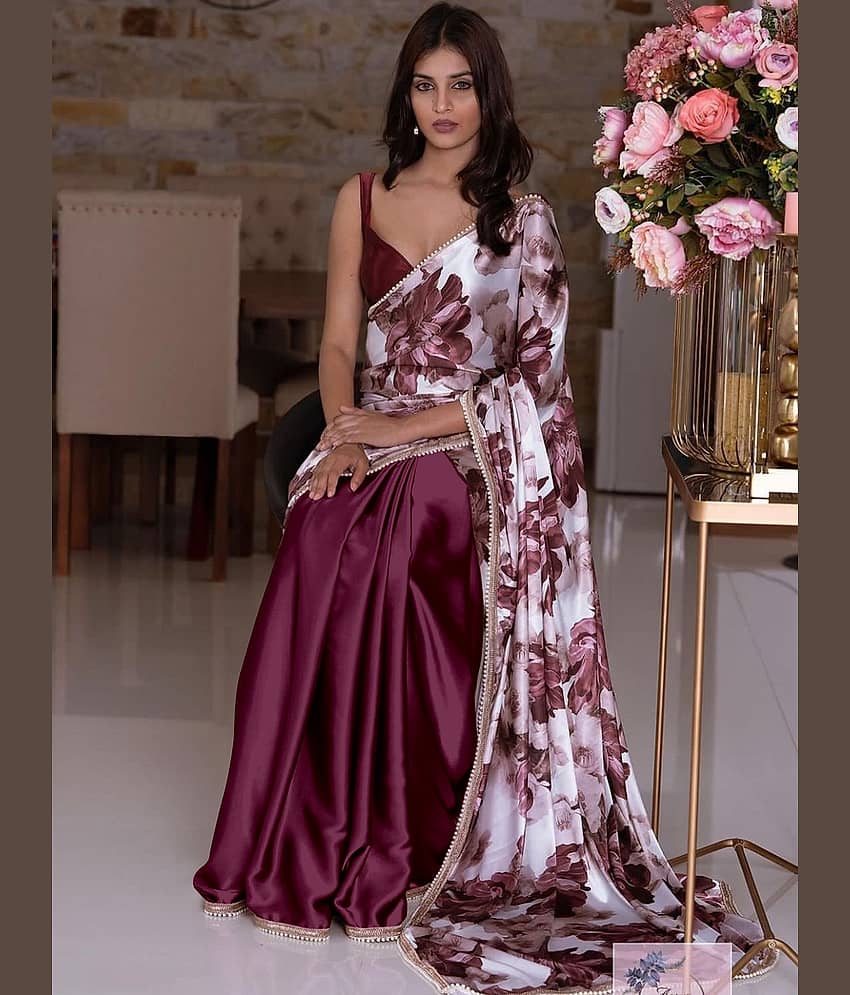 Apnisha Satin Printed Saree With Unstitched Blouse Piece ( Navy Blue )