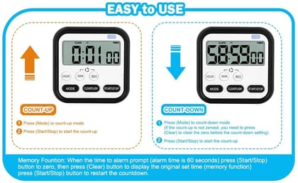 Digital Kitchen Timer with Clock, Magnetic Backing & Stand, Loud Alarm, Perfect for Cooking, Baking, Classroom, Sports, Office and More