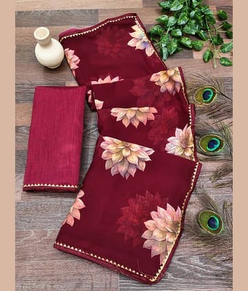 Kanooda Prints Georgette Printed Regular Saree With Unstitched Blouse Piece ( Maroon )