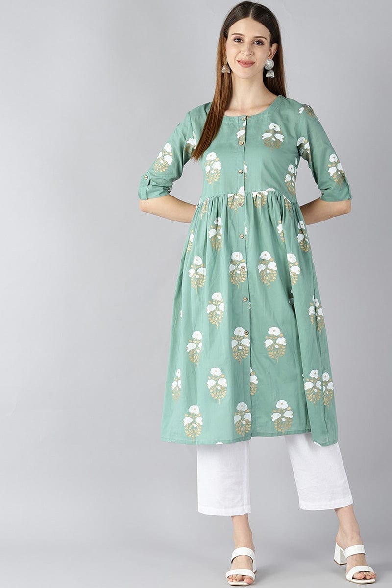 Women Cotton Green Floral Printed A Line Kurti VCK8397