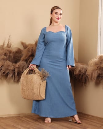 Denim Sweetheart Neck Maxi Dress-L / Blue