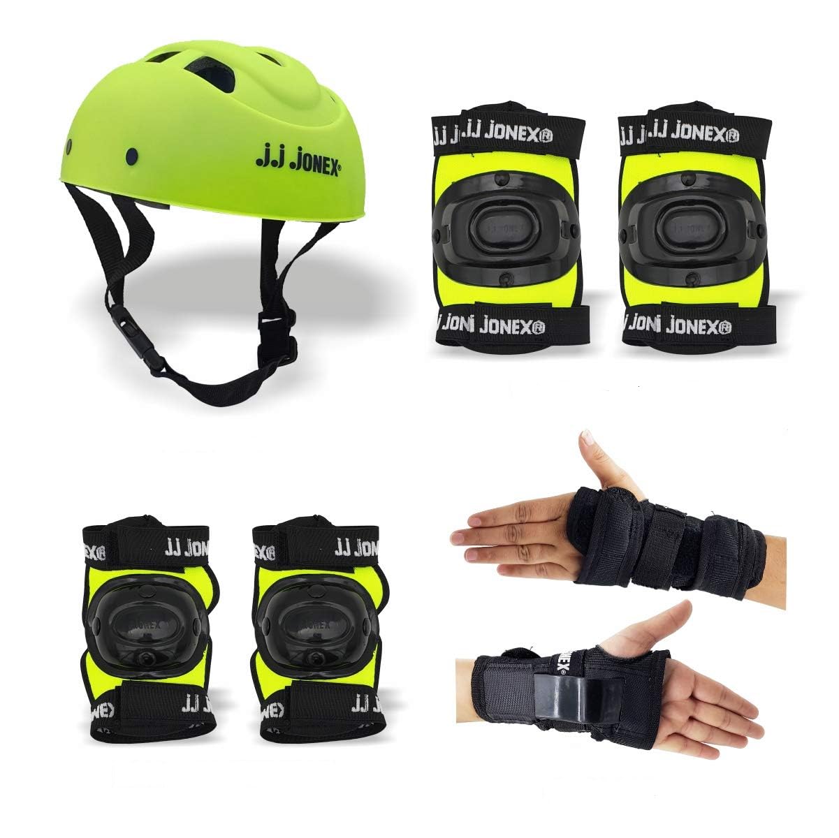 J.J. JONEX Deluxe Kids Rollerblading Protective Gear Set - Helmet, Knee Pads, Elbow Pads, Wrist Guards & Gloves (Black/Green)