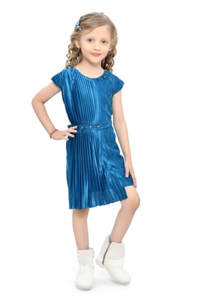 Be:kids Blue Twirl Girls' Pleated Dress with Metallic Belt and Floral Hair Accessory