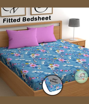 CG HOMES Cotton Floral Fitted Fitted bedsheet with 2 Pillow Covers ( Double Bed ) - Blue
