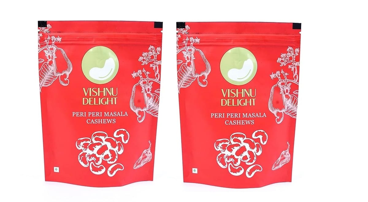 Vishnu Delight Peri Peri Flavor Cashews 250gm Pouch - A Fiery Twist on Traditional Cashews, Rich in Protein, Fiber, and Healthy Fats for a Guilt-Free Snack (Pack of 2)