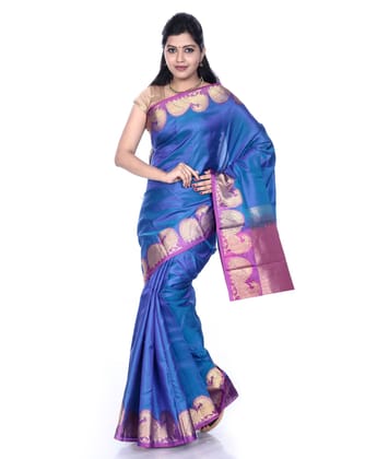 Blue Kanjivaram Pure Silk Saree with peacock motif