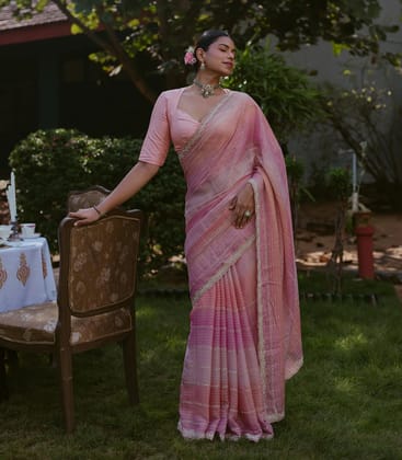Multi Colour Woven Tissue Saree With Embroidery Stripes-Multi Colour