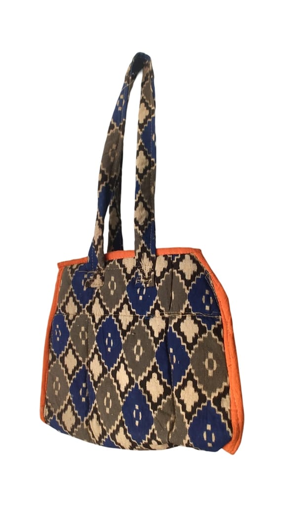 KALANKARI  Quilted cotton tote bag with blue and brown geometric print and orange lining