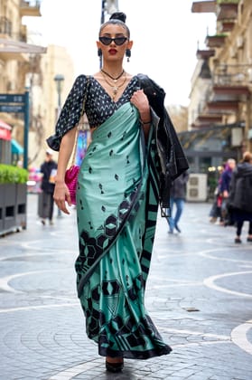Blue Digital Print Satin Saree