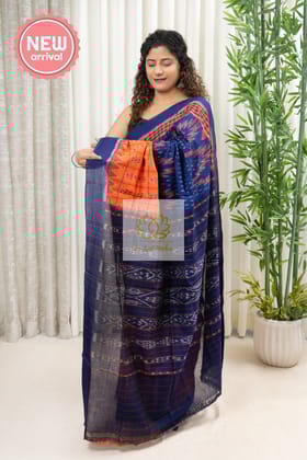 Odisha Ikkat Khandua Cotton Saree- Orange and Blue