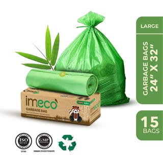 IMECO Eco-Friendly Garbage Bags  15 Pcs  Large - 24 x 32 Inches  15 Pcs x 1 Roll  Green  Dustbin/Trash Bags with De