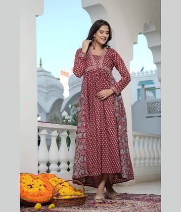 Vbuyz Cotton Printed Anarkali Women's Kurti - Maroon ( Pack of 1 )