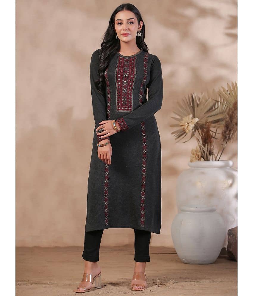 Ishin Polyester Printed Straight Women's Kurti - Charcoal ( Pack of 1 )