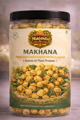 MAKHTHILA - Premimum Roasted Masala Fried Desi Ghee Kadhi Patta Flavour Protein Makhana – Crunchy, Flavorful & Protein-Rich Snack | Lotus Seed with Kadhi Patta Fry MAKHTHILA - Premimum Roasted Masala Fried Desi Ghee Kadhi Patta Flavour Protein Makhana – Crunchy, Flavorful & Protein-Rich Snack | Lotus Seed with Kadhi Patta Fry