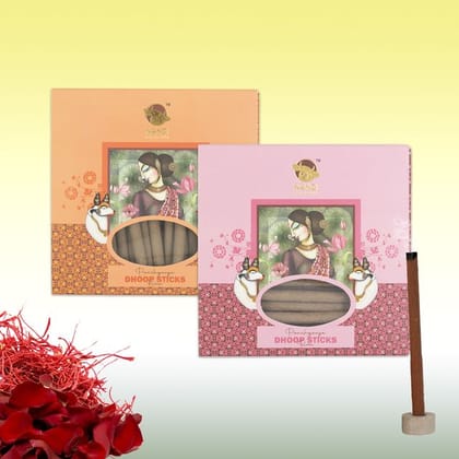 Nandi Panchgavya 100 Percent Cow Dung Dhoop Sticks for Pooja with Stand (Kesar & Rose Fragrance -100 Sticks)