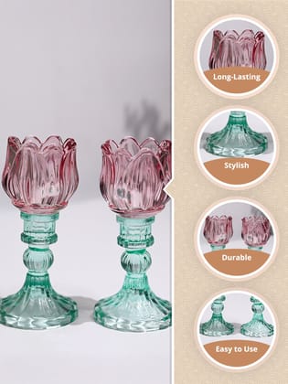 VON CASA Lotus Green & Pink Glass T-Light Holder – Set of 2