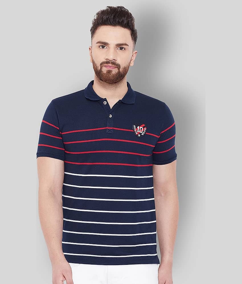 AUSTIN WOOD Pack of 1 Cotton Blend Regular Fit Striped Half Sleeves Men's Polo T Shirt ( Navy )