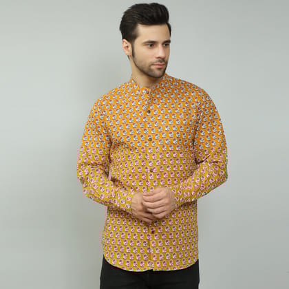 mustard Cotton printed full sleeves band collar shirt-XS