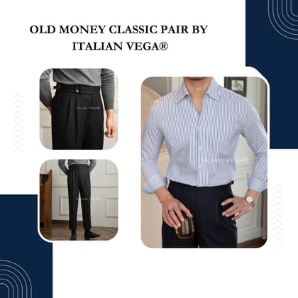 Old Money Navy Stripe Shirt with Black Herringbone Signature Buttoned Gurkha Pant by ITALIAN VEGA®-M / 28