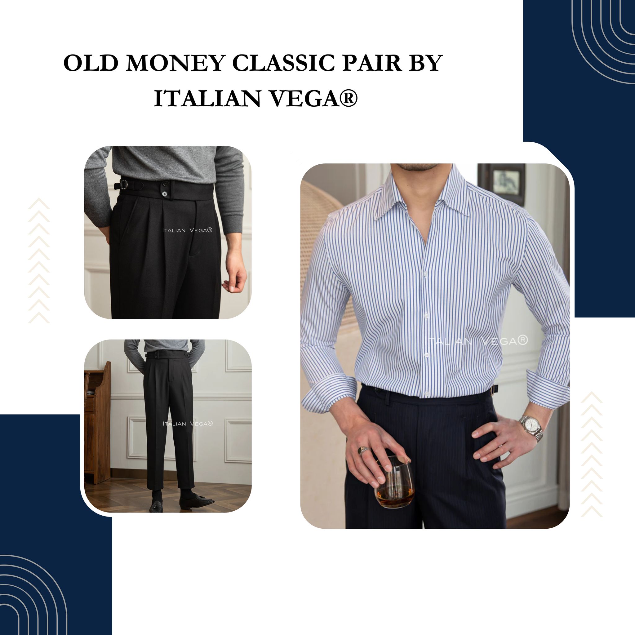 Old Money Navy Stripe Shirt with Black Herringbone Signature Buttoned Gurkha Pant by ITALIAN VEGA®-M / 28
