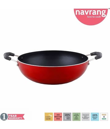 Navrang Non Stick Aluminium Kadai Economy M With Lid ,230mm,Red -Non Induction