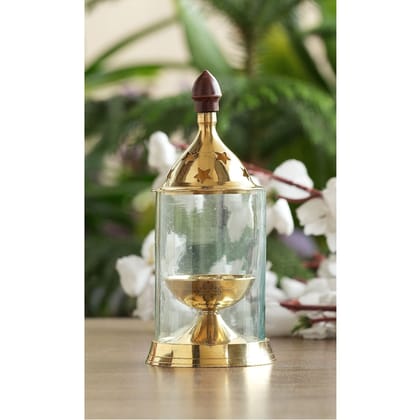 Pure Brass Akhand Diya, Oil Lamp With Glass Cover For Pooja-16cm / 1