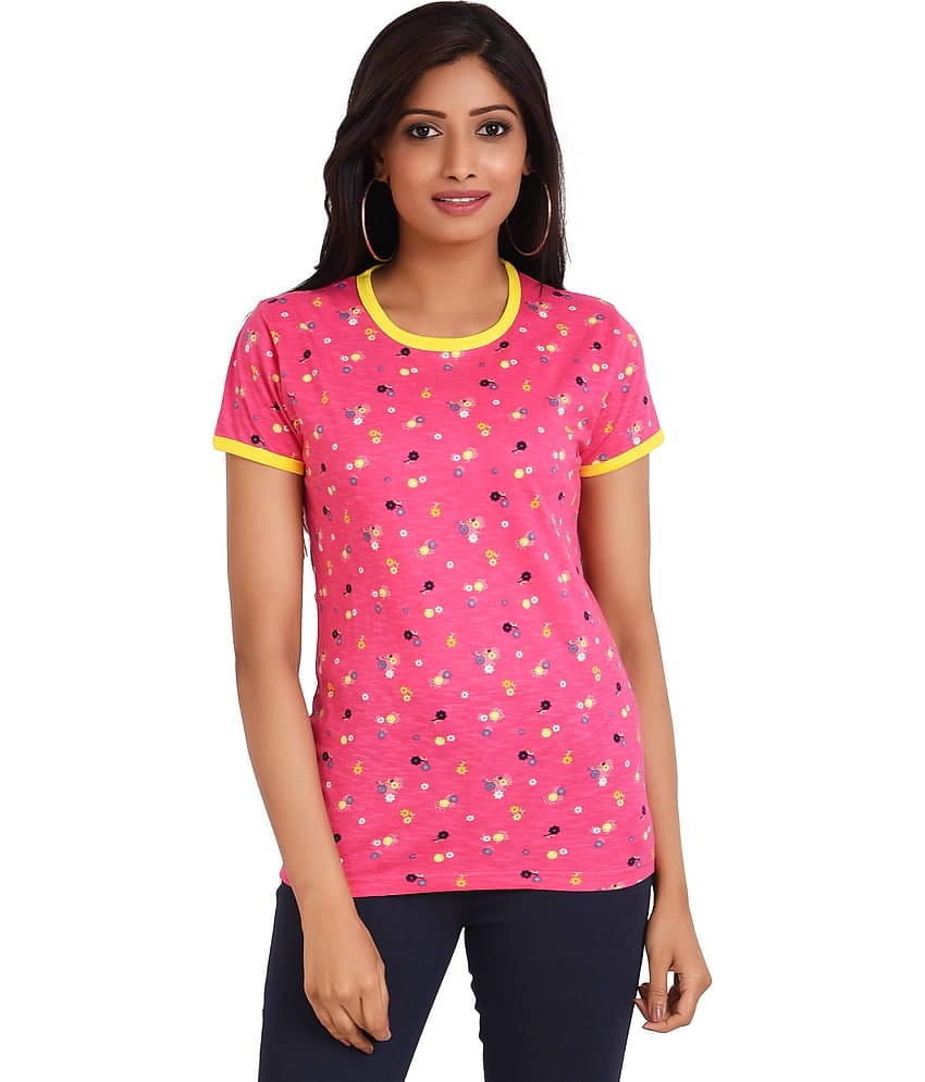 Neo Garments Women Cotton Printed Regular Fit Round Neck T-Shirt ( Pink )