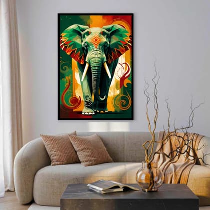Luminary Regal Rhythm – Geometric Elephant Majesty Museum-Quality Cotton Canvas Art for Living Room Décor | Frame Size (69 X 97 Cm) | Frame Type (Black) | 5-Year Warranty