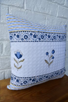 Elegant blue floral stripe handblock cushion cover