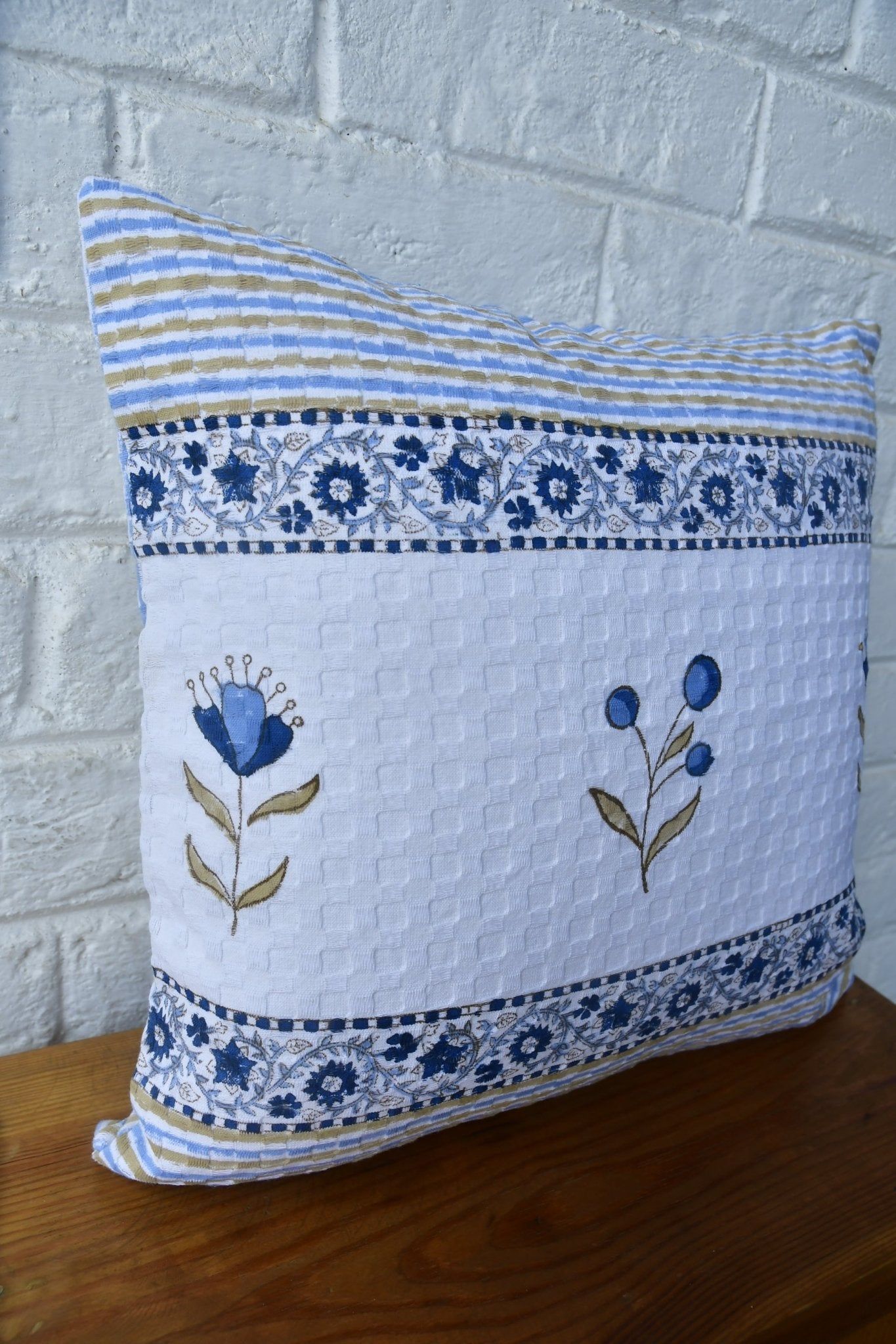 Elegant blue floral stripe handblock cushion cover