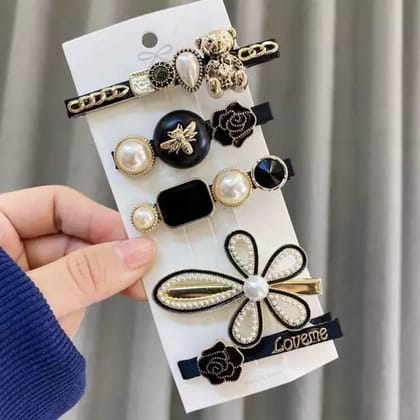 Set Of 5 | Black &amp; Gold Hair Clip Set