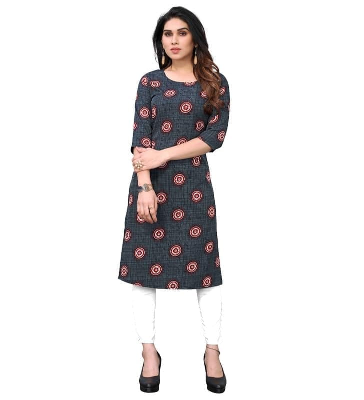 Women's Casual 3/4th Sleeve Printed Crepe Kurti (Grey, L)-PID46201
