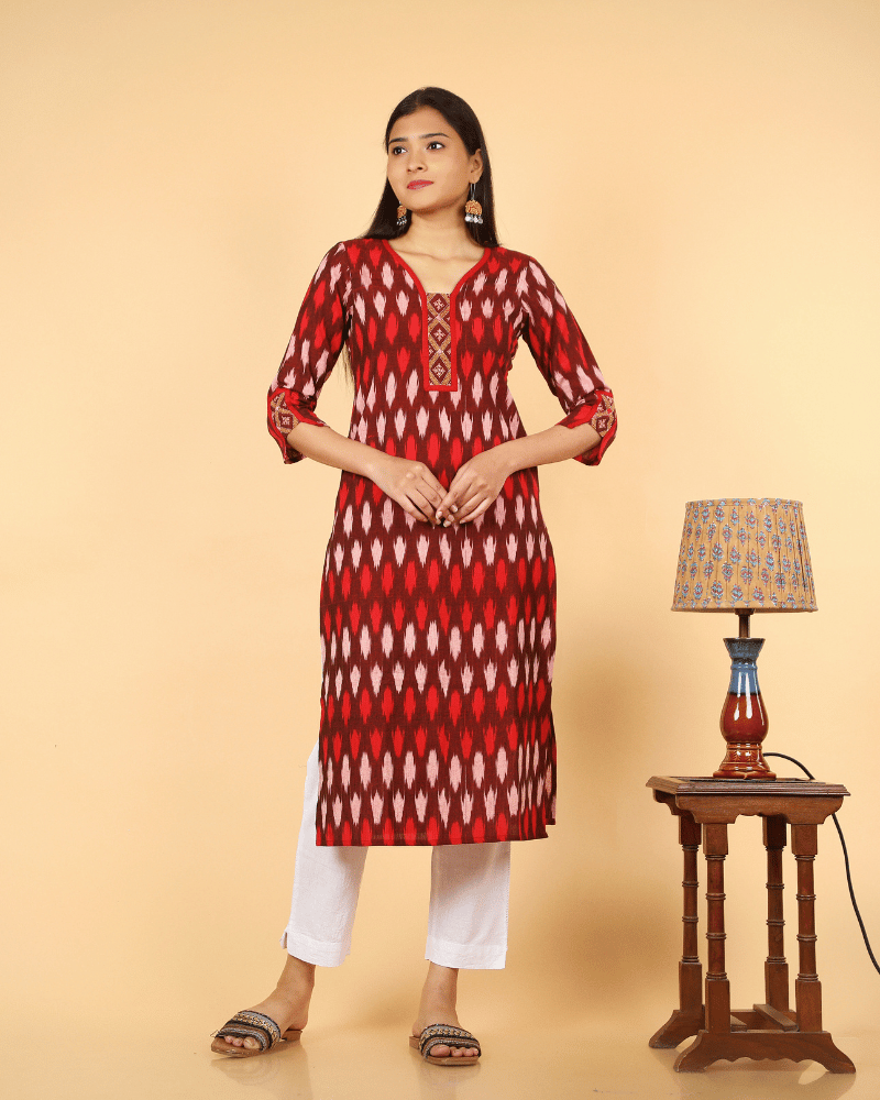 Women's Straight Kurta in Red Ikat Cotton with Hand Embroidery-M