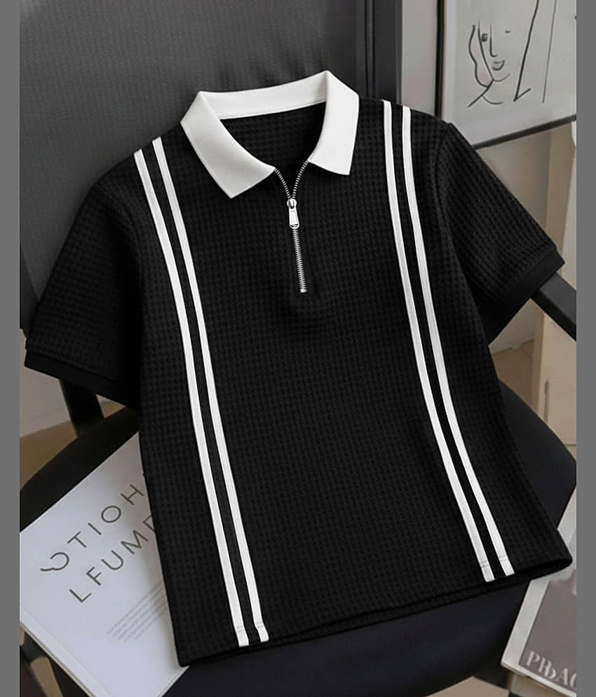 ENITOR Men Cotton Blend Regular Fit Self Design Polo T Shirt ( Charcoal )
