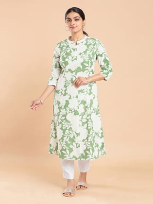 Kalyan Silks Cream Color Floral Designed Dark Pista Green Kurti Top