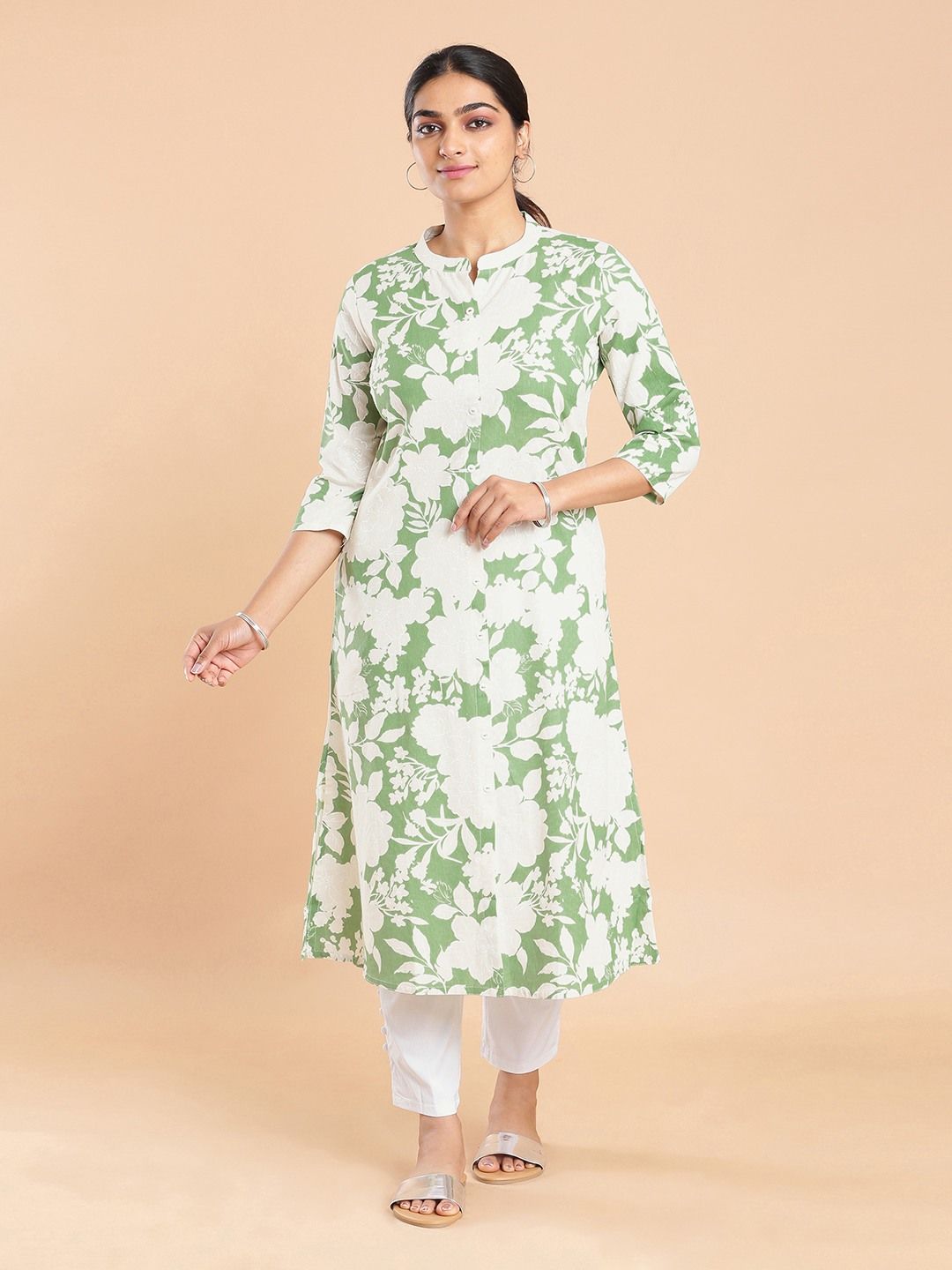 Kalyan Silks Cream Color Floral Designed Dark Pista Green Kurti Top