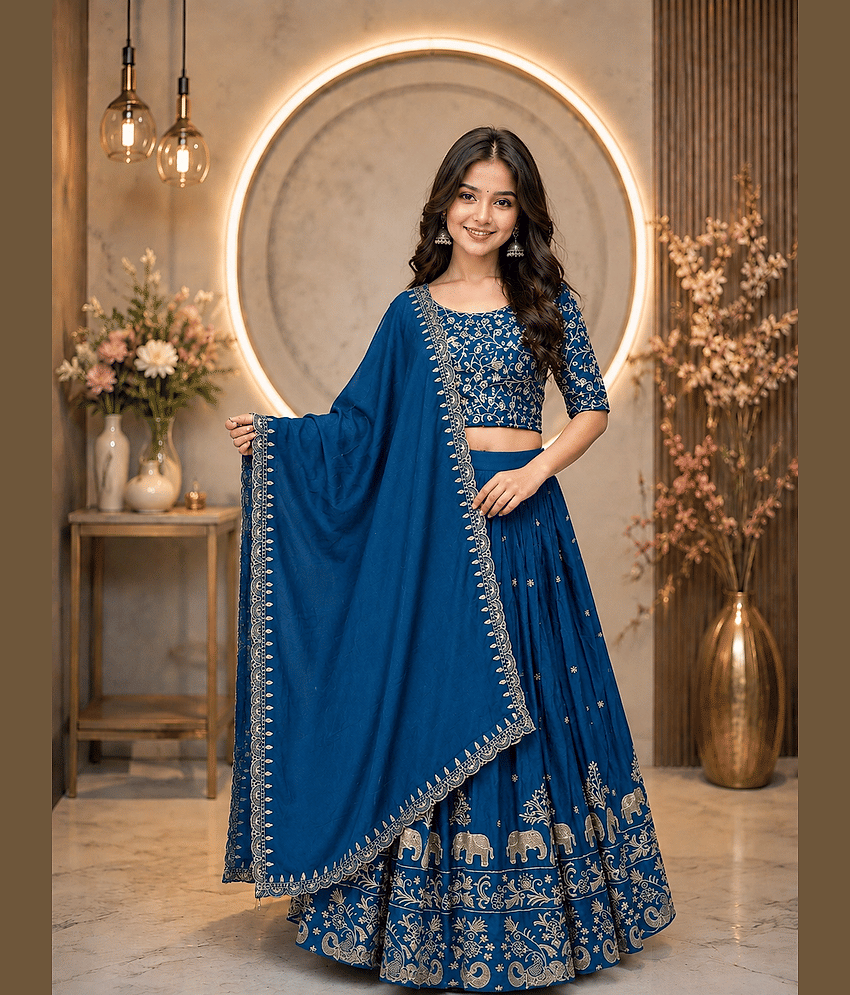Keyura Silk Lehenga Choli Set For Girls ( Pack of 1 , Blue )