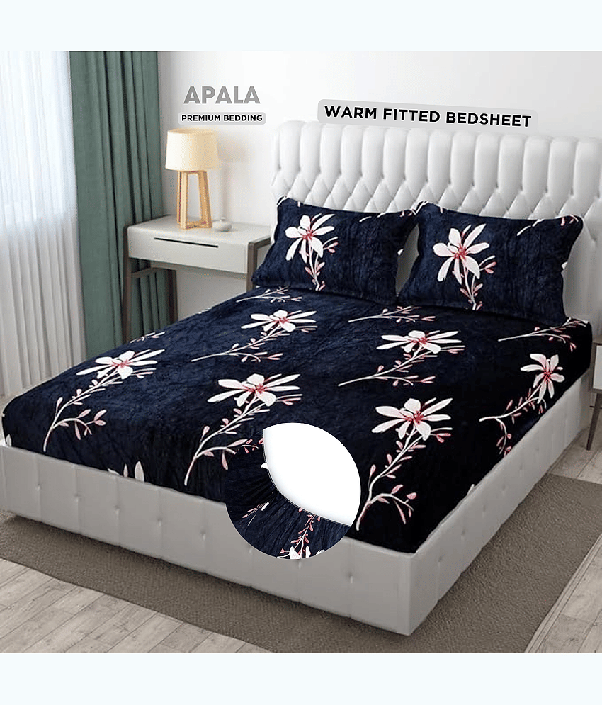 Apala Woollen Floral Printed Fitted Fitted bedsheet with 2 Pillow Covers ( King Size ) - Dark Blue