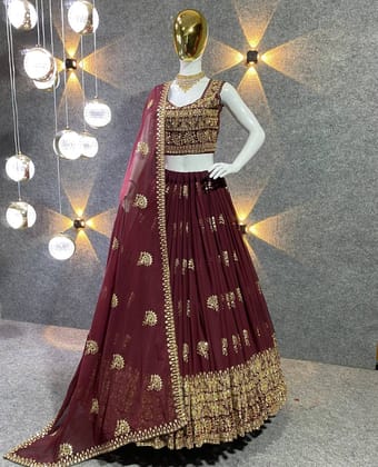 Maroon Colour Embroidered Attractive Party Wear Silk Lehenga